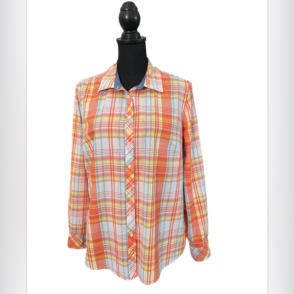 Talbots Orange, Yellow, Plaid, LS, Collared, Button Up, 100% Cotton Shirt -Large